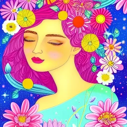 bright fairy, beautiful portrait, flowery landscape, cosmic atmosphere, perfect composition, 8k, super detailed, delicate flowers, complementary colours, intricate details, people