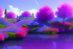 monde en fleurs, blue lake, flower tree-houses, concept art, crépuscule , fuksia bleu oranger, vibrant Color, réaliste, riviere bleu, tree-house bougainvillier, roses