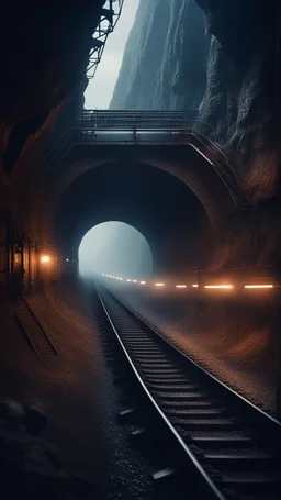 Shi Fi, a train coming out a mountain tunnel station atmospheric lighting effects, intricate industrial details, moody atmosphere, eerie grimdark ambiance, complex motherboard accents, speculative fiction art. Bokeh