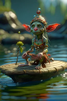 danish elf pixie hippie creature on small raft, in the style of fantasy movies, photorealistic, shot on Hasselblad h6d-400c, zeiss prime lens, bokeh like f/0.8, tilt-shift lens 8k, high detail, smooth render, unreal engine 5, cinema 4d, HDR, dust effect, vivid colors