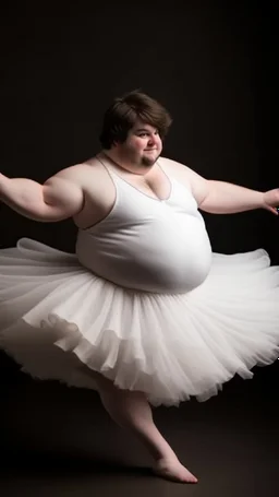 young man, morbidely obese; brown hair and fair skin, dancing in a white fluffy tutu. Full character. Elegant pose; HD, Studio shot, realistic.