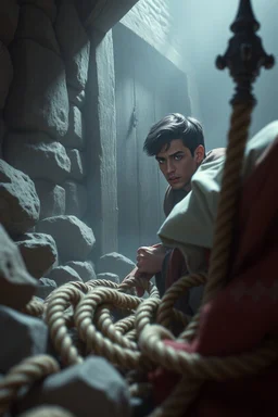 The rope coiled under loose stones or inside a bedpost, the prince glancing nervously toward the door as he hides it.