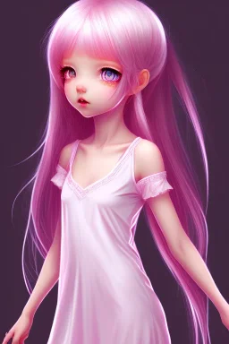 Loli wearing long nightgown, hands behind back, wholesome, innocent, long pink hair, tilted head