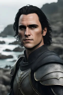 A portrait of Joaquin Phoenix in his early 30s, long beachy haircut, black hair, on a rocky island, in ebony armor from Skyrim, melancholic and dangerous facial expression, half-smiling, in the style of Genndy Tartakovsky