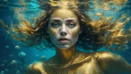 woman underwater, beautiful eyes, dancing underwater, gold, scales, double exposure, highlights, sparkles, clear lines, detail, fine rendering, high resolution, 64K, photorealism, precise focus, digital painting,