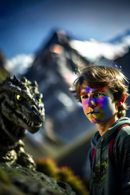 portrait Geordie Kieffer as teenager in the Alps on mountain top, with rock giant creature in the background,shot on Hasselblad h6d-400c, zeiss prime lens, bokeh like f/0.8, tilt-shift lens 8k, high detail, smooth render, down-light, unreal engine, prize winning