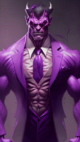 A demon wearing a mauve suit with an angry face and muscles