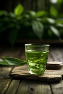 GREEN TEA LEAF AND GREEN TEA GLASS CUP IN WOODEN TABLE .GREE TEA FARM BACKGROUND