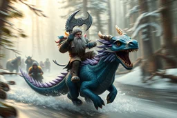 oil painting ,motion blur portrait of harpy - Forgotten Realms dodging cyberpunk armored dwarf with war half moon axe hammer with spikes, riding tiny furry blue and purple dragon above water and along winding branches in lush icy forest along speeding horses , bokeh like f/0.8, tilt-shift lens 8k, high detail, smooth render, down-light, unreal engine, prize winning