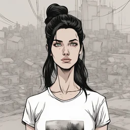 Portrait, brunette character with black hair, t-shirt comic book illustration looking straight ahead, post apocalypse