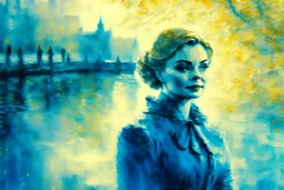 closeup of a Budapest sunshine beautiful oil painting kitten businesswoman van gogh style in blue dress on a misty morning. over a misty pond in the hieght of fall. Watercolour by Alison Brady. Pastel colours S<AI in sunshine, ethereal, otherwordly, cinematic postprocessing