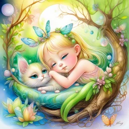 Whimsical airbrushed watercolor painting of a fairy’s nest on an olive tree branch. In the nest, an adorable 3-year-old fairy toddler with blond hair in pigtails held by glossy pastel-toned ribbons and iridescent wings is sleeping closely with her soft Siamese kitten. A transparent dream bubble with "sweet dreams" floats above her. The background features a magical forest, full of sweetness.