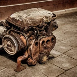 car engine, rusty, old, normal size, brown