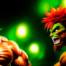 Ultra detailed fullbody Portrait in oil on canvas of Street Fighter- Blanka,extremely detailed digital painting,ultrarealistic skin,intense stare, extremely detailed face, crystal clear eyes, mystical colors ,perfectly centered image, perfect composition, rim light, beautiful lighting,masterpiece ,8k, stunning scene, raytracing, anatomically correct, in the style of Simon Bisley and Ohrai Noriyoshi and robert e howard and Steve Jung and frank frazetta.