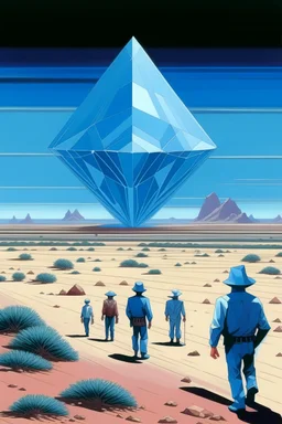 giant diamond in the desert with small people around n the style of Hiroshi Nagai