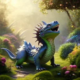 pixar style, volumetric summer garden environment and background, realistic painting of baby dragon, looking excited, volumetric lighting, dramatic lighting, detailed digital painting, extreme dense and fine fur, anime, ornate, colour-washed colors, elegant, small minutiae, tiny features, particulars, centered, smooth, sharp focus, renderman gofur render, 8k, uhd, detailed eyes, realistic shaded volumetric lighting, sunlight caustics, backlight, centered camera view