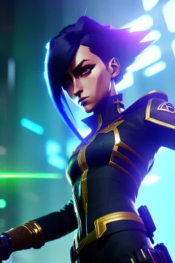 Futuristic female soldier, physically fit, green hair, blue eyes, intricate eyeliner, vibrant eyeshadow, clear completion, soft lighting, 4k resolution, intricate details, insanely detailed, colorful cityscape background, masterpiece, expert, cinematic smooth, retroanime style, realistic details, no helmet