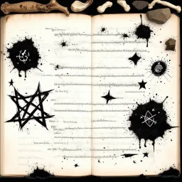 messy dystopian Scrapbook composition. Amid sinister strewn ash and rock and bone detritus lays a diary of a madman, cosmic magic scribbling, dramatic schemata of dark gnostic symbols, sinister, annotations in margins, pentagram, vellum paper with burnt edges