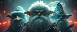 volume fog light, hyper real close up on fluffy beard faces of rock alien cricket duck priest gremlin grandma general with hi tech transcendent lazer plasma blaster arsenal from hell, guarding bridge up to space saucer neon plastic transparent, movie poster