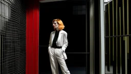 A medium shot captures a modern architectural scene, focusing on a red-framed window that offers a glimpse into an interior space where a Caucasian woman, around 35 years old, stands. She has fair skin, blonde hair, and is dressed in a white jacket and dark pants, complemented by black heels. She is positioned near a wall, seemingly looking out of another window or doorway. The interior features white walls and a dark floor, with a curved wooden structure adding a touch of modern design. The ext