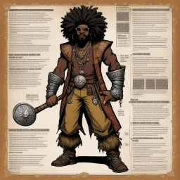 medieval character concept sheet with AD&D statistics and characteristics, [illustration by Kevin Eastman and Peter Laird] the Obeah Man fantasy wizard , "damn, he fly" he pimps to the beat, in his new lafreak yeah, animal print pants outta control it's redfoo with the big afro