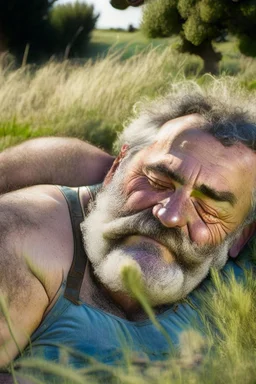 Portrait photography, 35mm lens lens, a happy smiling muscular Sardinian shepherd burly chubby man 58 years old, lying down in the meadow near a little tree, ugly and dirty, bullneck, manly chest, in tank top and overalls, wild white beard, ambient occlusion, strong sunshine, emotive eyes, misery and poverty, side view