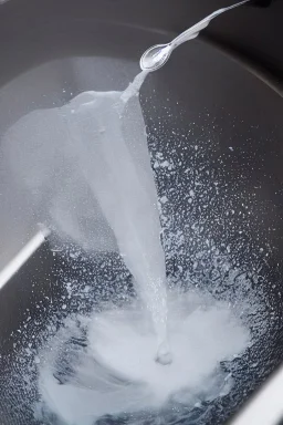 in focus, a jet of water flows into a spoon and splashes everywhere in a sink tray