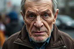 very very ugly man , lot of wrinkles, to much wrinkles, so much wrinkles that eyes and mouth almost gone, nametag fitt nylle on jacket
