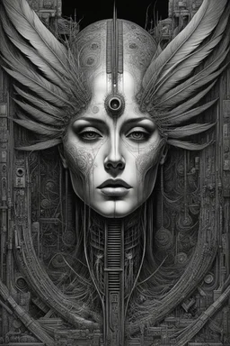 feathers on and with computer chips and a smoke in the background dark a thin line draw ، front view camera, decayed and proportions and imagery. surreal chorror, biomechanical design, by hr giger and beksinski , fine lines draw