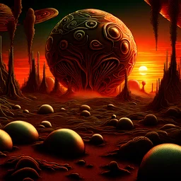 Design an otherworldly alien planet background with strange flora and fauna, sunset, ultra detailed, ultra realistic, extremely realistic, intricate, photorealistic, epic composition, masterpiece, H.R.Giger style