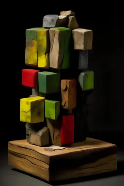 Cubes placed together create an abstract sculpture Henry Moore - made of wood - many colors - very old - very dirty - moss - cracked - full body - on pedestal - 8k