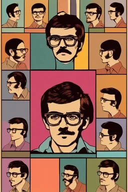 Man similar with glasses of colours and poor and short short short and poor hair on the head with receding hairline. Farsightedness glasses with big eyes. Shirt beard in the head. Vintage look and feel like photo style-of the 70s