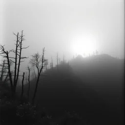 Close-up Ilford photograph of a creepy surreal landscape, eerie, no style, steep, autumn vegetation, very surreal, trees, spooky, metaphysical objects, giant sun, intricate, thoughtful, appalling, mountain rocks, deep 3d field, 8k, hypermaximalist, lot of fog