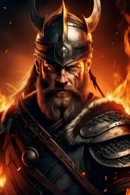 movie poster of a viking with a sword and flames around