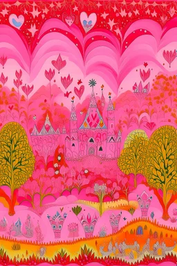 A pink magical kingdom with hearts designed in Australian aboriginal art painted by Vincent van Gogh