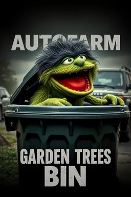 Oscar the AUTOFARM Grouch SESEME ST CHARACTER IN LARGE GARBAGE TRASH BIN,GARBAGE TRASH BIN, side profile, "GARBAGE TRASH BIN IN FRONT" man in super blackscary (((((autofarm)))))) TITLE in movie poster movie style horror look. as five headed mouth open, rough teeth, turn head around, landrover crash in background(&*&*^%$^#%$#%$^%$#^#$#^%#$^$#