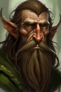 Gnom, braune lange wilde Haare, große, auffällig dicker Nase, grüne Augen, sehr jung , Druide, Haut wie Baumrinde, Zeichen im Gesicht, Mann