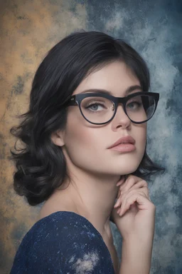 cross-eyed Lucy Hale Elvis Presley hybrid, , 4k UHD, photorealistic, ((big, full, plump, pouty lips:1.5)) black hair, big cat-eye eyeglasses, dark blue foggy gradated marble wall background