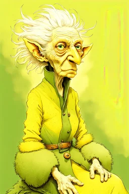 Artist Jean-Baptiste Monge style. A biomorph banana-headed old woman. White eyes. A yellow dotted green furry feathered fluffy dress.