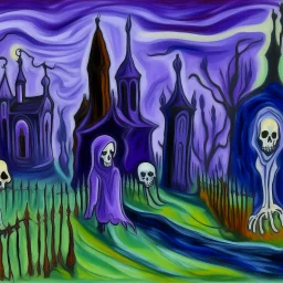 A purple haunted mansion with spirits near a graveyard painted by Edvard Munch