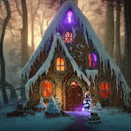 a witch house in the woods made of gingerbread, cerulean frosting, and pastel candies, 8k, flickering light, centered, high-quality, fine-detail, digital art, detailed matte, volumetric lighting, illustration, 3D octane render, brian froud, howard lyon, ben goossens, George Grie, alphonse mucha