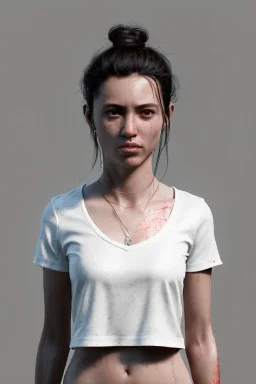 Ultra Realistic image, 25 years old brunette woman, Madrid, portrait, small stature, small chest, yakuza body tattoo, white broken cotton short undershirt, black latex short, rain, fog, street night Tokyo ambient, vibrant color, highly detailed, art stations, concept art, smooth, unreal engine 5, god rays, ray tracing, RTX, lumen lighting, ultra detail, volumetric lighting.