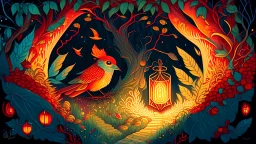 Slavic mythology fantasy illustration for bedtime story: enchanting garden with lush greenery and a beautiful stone winding path, with small tiny lanterns in the trees. Depict only one creature the Firebird. The feathers of the Firebird are vibrant red, orange, and gold, each one glowing with an otherworldly brilliance.