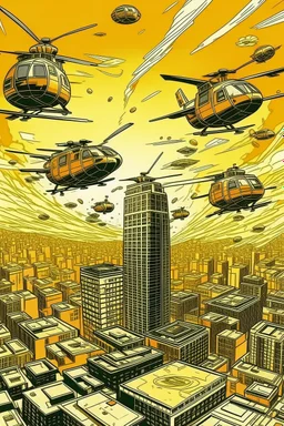 helicopters dropping dollar money Robert Kiyosaki standing on golden skyskraper city burning in background STYLE OF HIROKU OGAI