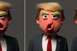 Angry muppet trump, round nose, in suit, eyebrows, spray tan mad, only one