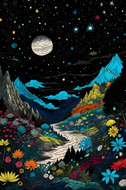 Colourful, peaceful, Hiroshige, Van Gogh, night sky filled with galaxies and stars, trees, rock formations, giant flowers, one-line drawing, sharp focus, 8k, 3d, intricate, ornate