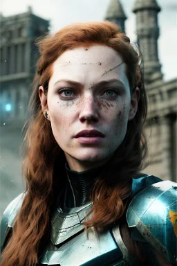 ultrarealistic, concept art,ruined city,__intricate fantasy armor__, no star, __angles__, 30 year old woman, strikingly beautiful,ginger hair, _colour_, (pale __skincolor__ skin:1.2), __camera__, long hair, detailed face and eyes, medium breasts, sci-fi theme, freckles, dynamic pose, resolved expression, __accessory__, strappy outfit, (straps:1.1), sword in scabbard on left hip, (buckles, buttons, snaps, rings:1.0), haltertop style breastplate, detailed eyes, plump lips