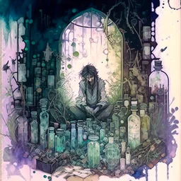 create a watercolour painting , This artwork features a drug addict in a tattered and worn-down laboratory, surrounded by vials, bottles, and herbs. However, instead of producing traditional potions, they are creating fantastical elixirs that unlock portals to other realms. The addict's mind is portrayed as an open doorway through which magical landscapes, mythical creatures, and ancient civilizations can be seen.