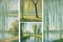 aquamarine gems, clouds, willow tree, claude monet, and emile claus impressionism paintings