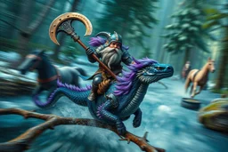 oil painting ,motion blur portrait of harpy - Forgotten Realms dodging cyberpunk armored dwarf with war half moon axe hammer with spikes, riding tiny furry blue and purple dragon above water and along winding branches in lush icy forest along speeding horses , bokeh like f/0.8, tilt-shift lens 8k, high detail, smooth render, down-light, unreal engine, prize winning